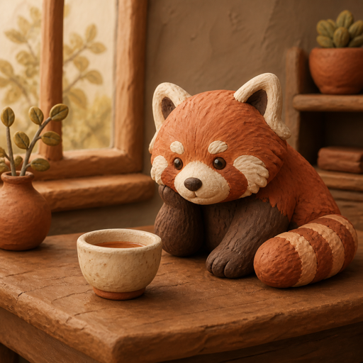 Clay: Soft sculpted forms, Handmade texture and miniature warmth, shown through a red panda