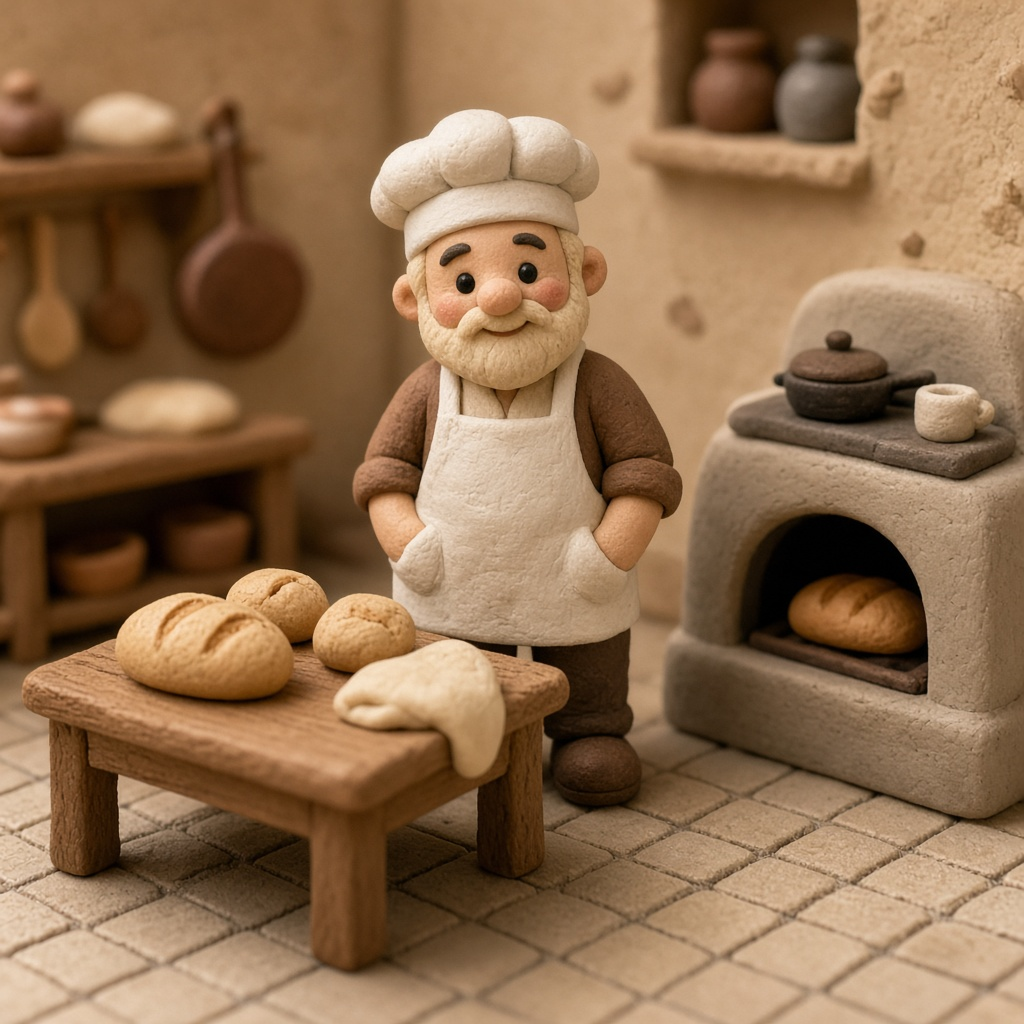 Handmade clay baker character in a miniature kitchen; illustrative Clay style example